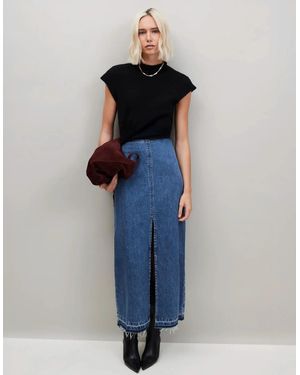 Ro&zo Petite Denim Split Front Maxi Skirt - Blue
