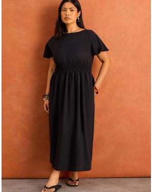 Live Unlimited London Shirred Waist Short Sleeve Midaxi Dress - Black