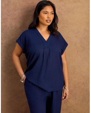 Live Unlimited London Petite Linen Blend V-Neck Top - Blue