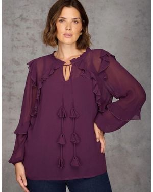 Live Unlimited London Plum Ruffle Tie Neck Blouse - Purple