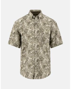 Fynch-Hatton All-Over Print Linen Button Down Short Sleeved Shirt Pistachio - White