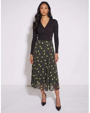 Gini London Lime Spot Satin Godet Midi Skirt - Black