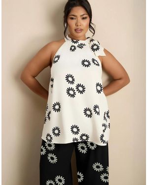Live Unlimited London Floral Print Bow Halter Neck Top - Natural