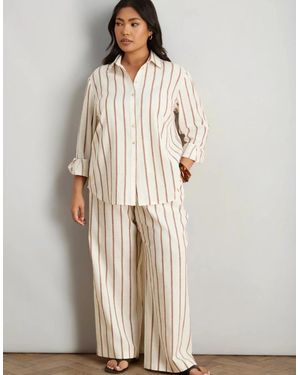 Live Unlimited London Oatmeal Striped Linen Blend Wide Leg Trousers - Natural