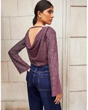 Ro&zo Cowl-Neck Sparkle Jersey Top - Blue