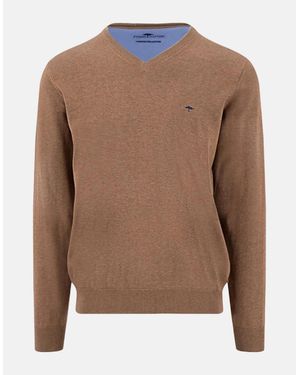 Fynch-Hatton V-Neck Fine Knit Cotton Jumper Affogato - Brown