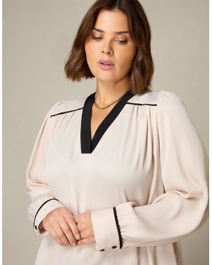 Live Unlimited London Stone Contrast Neck Band Blouse - Natural