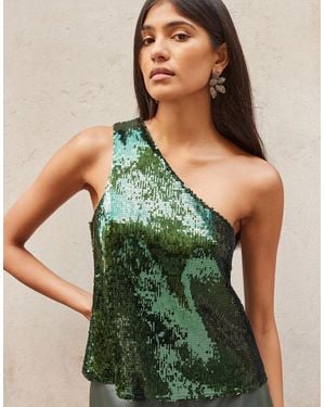 Ro&zo One-Shoulder Sequinned Top - Green