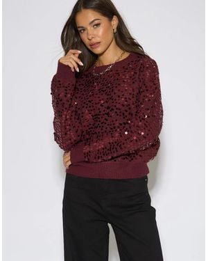 Gini London Mulberry Sequin Long Sleeve Knit Jumper - Red