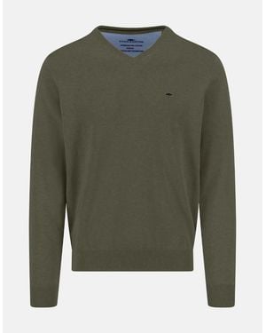 Fynch-Hatton V-Neck Fine Knit Cotton Jumper Dark Khaki - Green