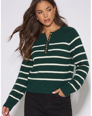 Gini London Recycle Mix Stripe Button Up Loose Fit Knit Jumper - Blue
