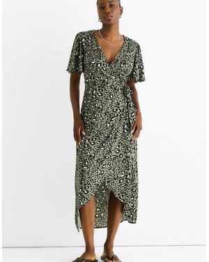 Gini London Khaki Animal Print Viscose Wrap Midi Dress - Green