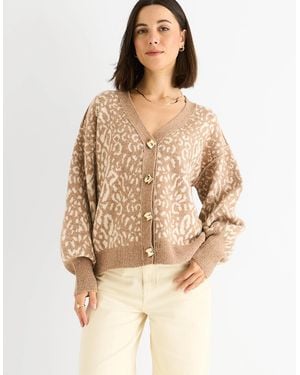 Gini London Camel Animal Print Wool Mix Cardigan Look Jumper - Natural
