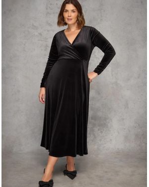 Live Unlimited London Velvet Long Sleeve Wrap Dress - Black