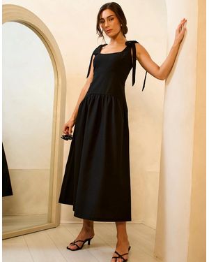 Gini London Viscose And Linen Blend Drop Waist Midi Dress - Black