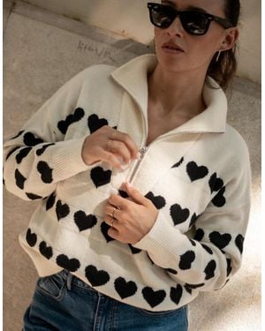 Gini London Cream Heart Zip Up Loose Fit Knit Jumper - Metallic