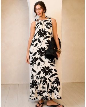 Gini London Mono Floral Print Tie-Shoulder Belted Trapeze Dress - White
