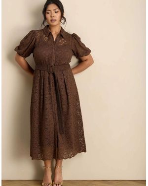 Live Unlimited London Puff Sleeve Button Through Belted Lace Dress - Brown