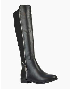 XY London Ladies Sutton Zip Stretch Calf Flat Knee-High Boots - White