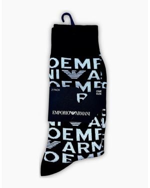 Emporio Armani Cotton Allover Logo Knitted 2-Pack Socks - Black