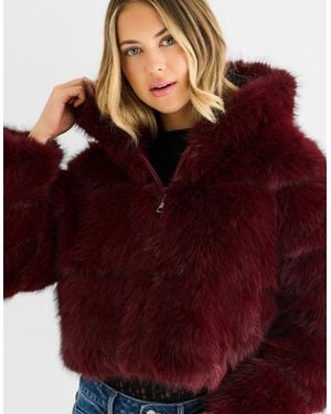 Gini London Burgundy Panel Faux Fur Zip Front Hooded Jacket - Blue