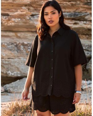 Live Unlimited London Linen Blend Broderie Shirt - Black