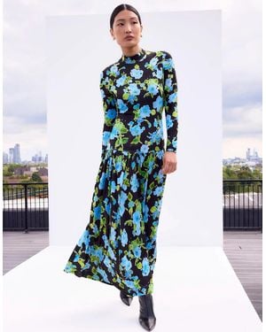 Ro&zo And Floral Dropped Waist Jersey Dress - Blue