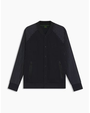 BOSS Checkerboard Patterned Full Zipper Bomber Jacket With Ribbed Cuff - Blue