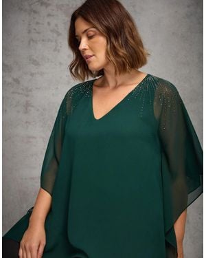 Live Unlimited London Embellished V Neck Overlay Top - Green