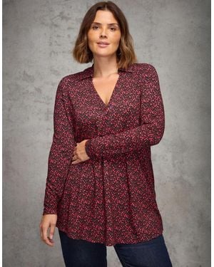 Live Unlimited London Ditsy Floral Print Jersey Polo Collar Tunic - Red