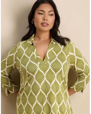 Live Unlimited London Chartreuse Print 3/4 Sleeve Collared V-Neck Jersey Top - Green