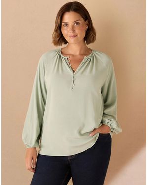 Live Unlimited London Sage Button Front Raglan Sleeve Blouse - Green