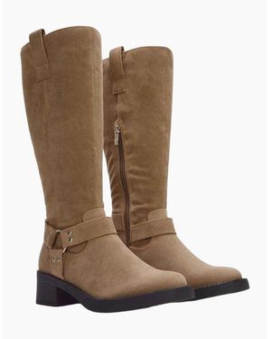 XY London Ladies Roma Knee-High Mid Block Heel Western Boots - Brown