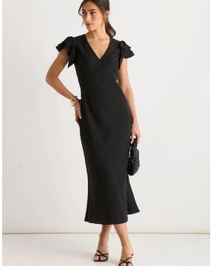 Gini London V Neck Soft Crinkle Finish Ruffle Bias Midi Dress - Black