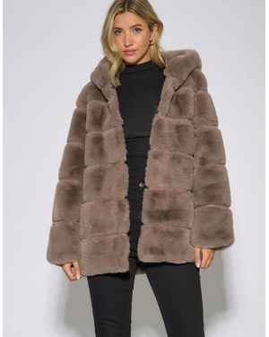 Gini London Mocha Horizontal Cut Fur Hooded Jacket - Brown