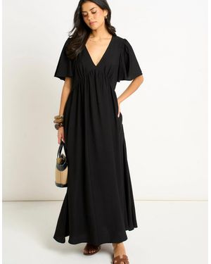 Gini London V Neck Angel Sleeves Skater Maxi Dress - Black