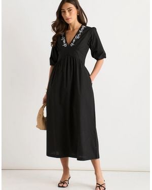 Gini London Puff Sleeve Cotton Embroidered Midi Dress - Black