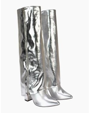 XY London Ladies Allie Fold Over Metallic Pointed Side Zip Knee-High Boots - White