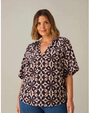 Live Unlimited London Mono Geo Raglan Sleeve Blouse - Brown