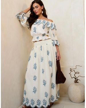Gini London Marshmallow Cotton Embroidered Skater Maxi Skirt - Natural
