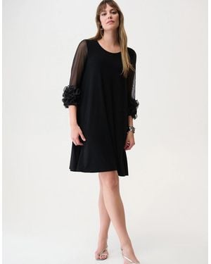 Joseph Ribkoff Silky Knit And Mesh A Line Dress With Ruffle Trim - Black