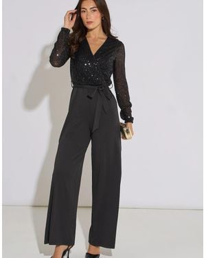 Gini London Sequin Wrap Front Belted Jumpsuit - Black