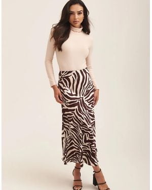 Gini London Chocolate Animal Print Satin Bias Cut Midi Skirt - Natural