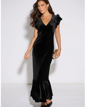 Gini London V Neck Ruffle Sleeves Velvet Occasion Maxi Dress - Black