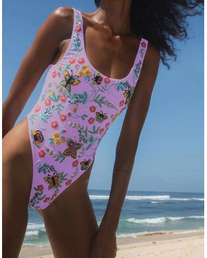 Oceanus Alabama Floral Hand Embroidered One Piece Swimsuit - Blue