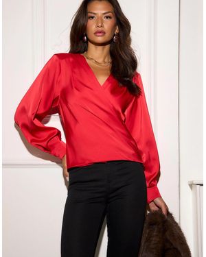 Gini London Satin Pleat Shoulder Wrap Top - Red