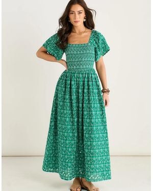 Gini London Floral Broderie Shirred Midi Dress - Green