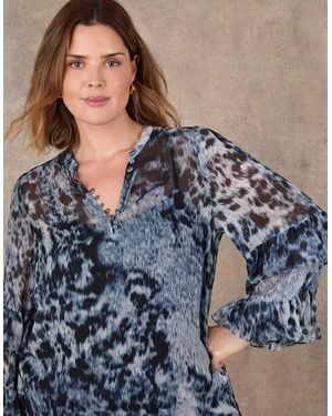 Live Unlimited London Multi Abstract Print Frill Sleeve Blouse - Blue