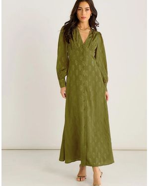 Gini London Long Sleeve Floral Satin Jacquard Maxi Dress - Green