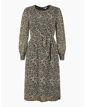 Yumi' Leopard Crew Neck Midi Skater Dress - Grey